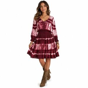 New York & Co. Slit Shoulder Tie Dye Mini Dress Burgundy XL Smocked Waist Boho